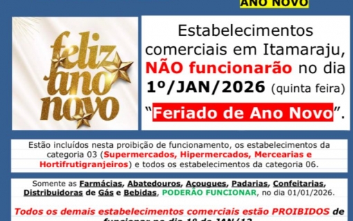 Comércio em Itamaraju não funcionará no feriado de ANO NOVO