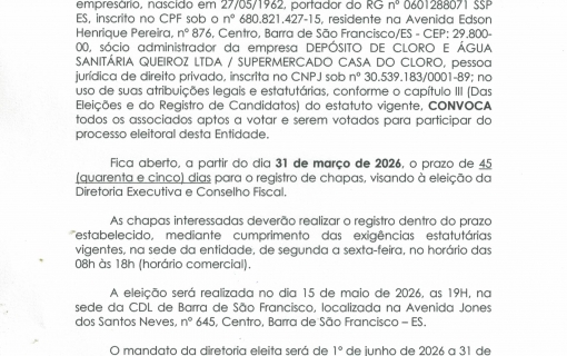 EDITAL DE CONVOCAÇÃO – CDL BARRA DE SÃO FRANCISCO