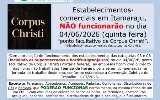 Comércio em Itamaraju NÃO funcionará na quinta feira de Corpus Christi