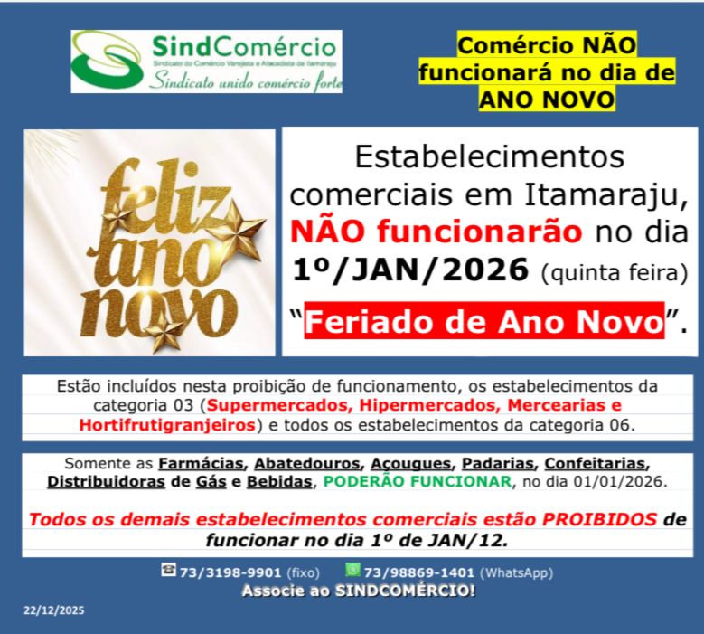 Comércio em Itamaraju não funcionará no feriado de ANO NOVO