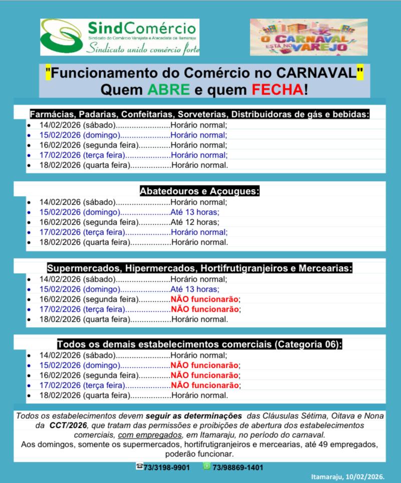Comércio em Itamaraju NÃO funcionará na segunda e terça de carnaval
