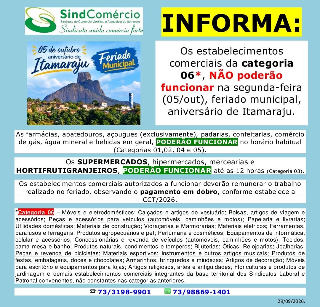 Quem abre e quem fecha no dia 05 de outubro